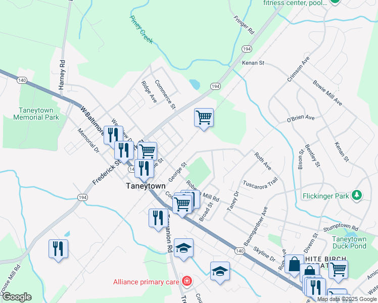 map of restaurants, bars, coffee shops, grocery stores, and more near 69 George Street in Taneytown