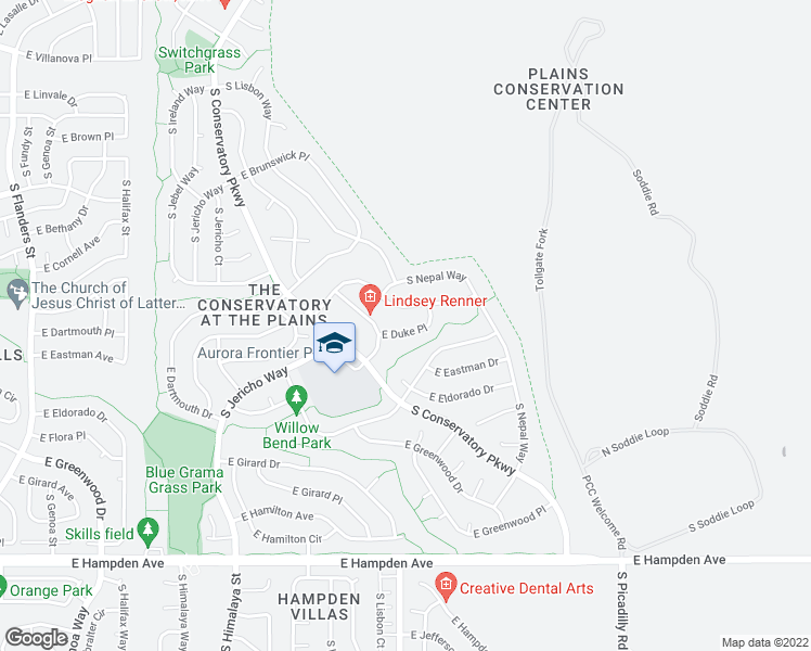 map of restaurants, bars, coffee shops, grocery stores, and more near 20945 East Duke Place in Aurora