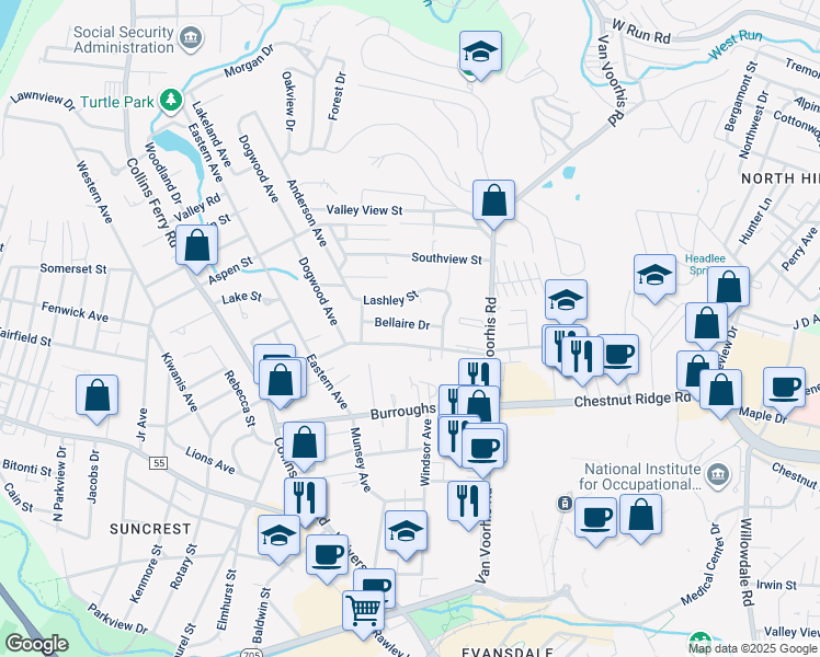 map of restaurants, bars, coffee shops, grocery stores, and more near 672 Bellaire Drive in Morgantown