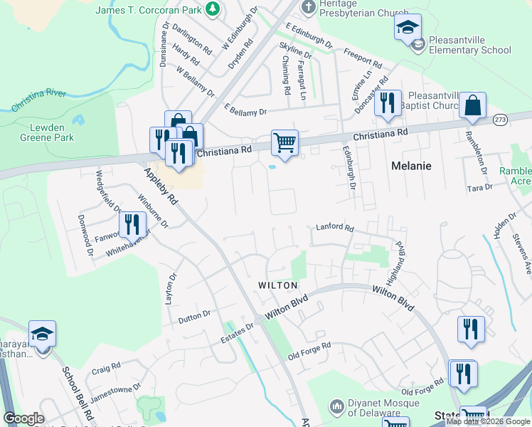 map of restaurants, bars, coffee shops, grocery stores, and more near 56 Freedom Trail in New Castle