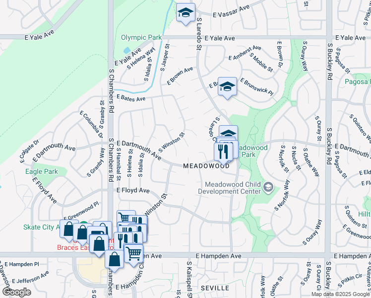 map of restaurants, bars, coffee shops, grocery stores, and more near 3101 S Joplin Ct in Aurora