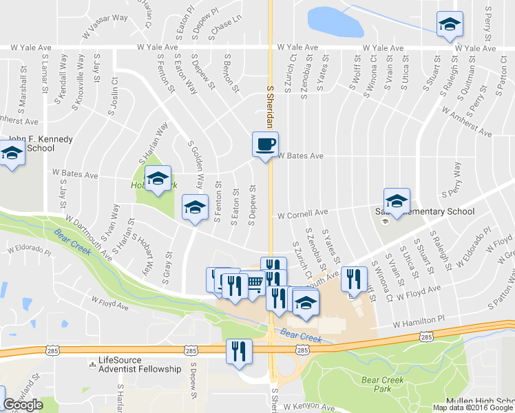 map of restaurants, bars, coffee shops, grocery stores, and more near 2972 South Depew Street in Denver