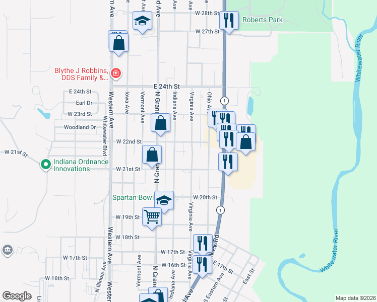 map of restaurants, bars, coffee shops, grocery stores, and more near 2147 Virginia Avenue in Connersville