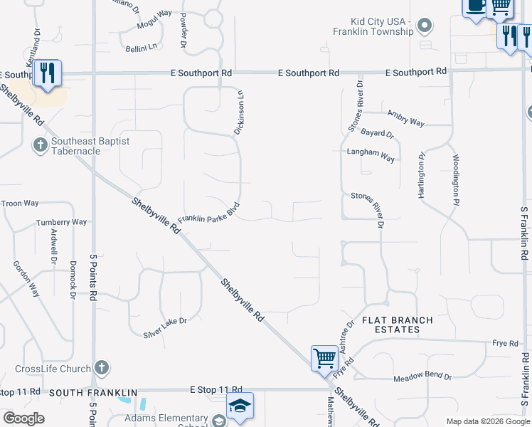 map of restaurants, bars, coffee shops, grocery stores, and more near 7514 Franklin Parke Woods in Indianapolis