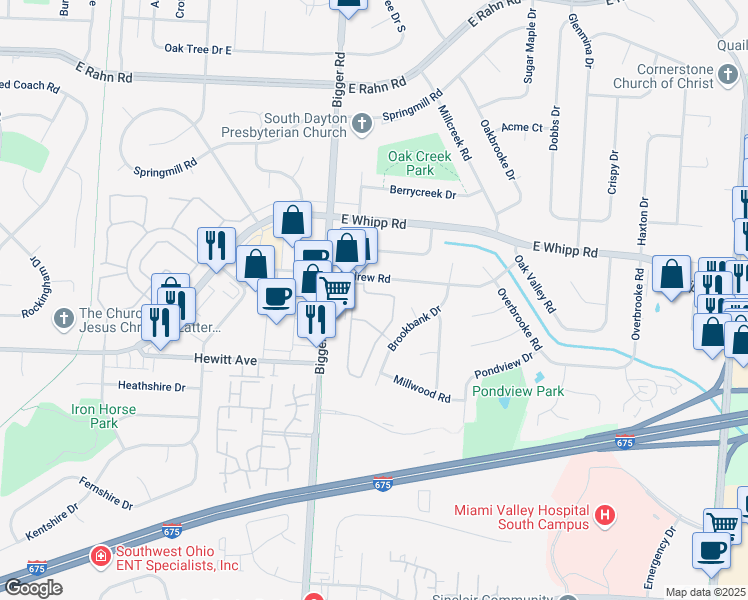 map of restaurants, bars, coffee shops, grocery stores, and more near 5605 Coach Drive East in Dayton
