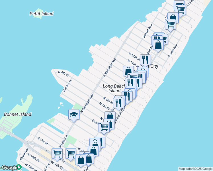 map of restaurants, bars, coffee shops, grocery stores, and more near 270 North 6th Street in Surf City