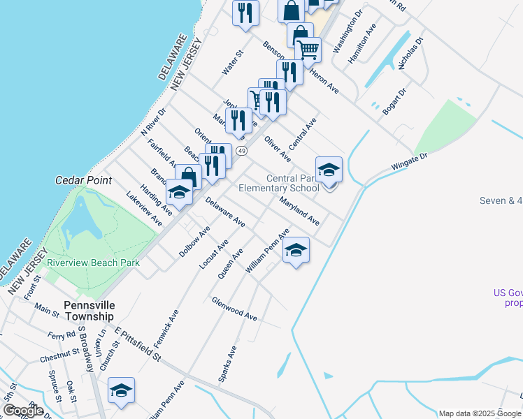 map of restaurants, bars, coffee shops, grocery stores, and more near 127 Queen Avenue in Pennsville Township