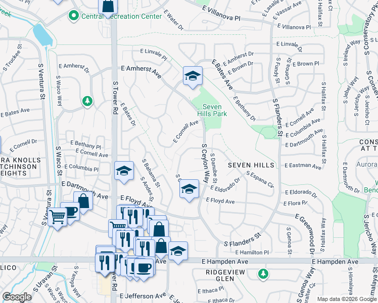 map of restaurants, bars, coffee shops, grocery stores, and more near 3094 S Cathay Cir in Aurora