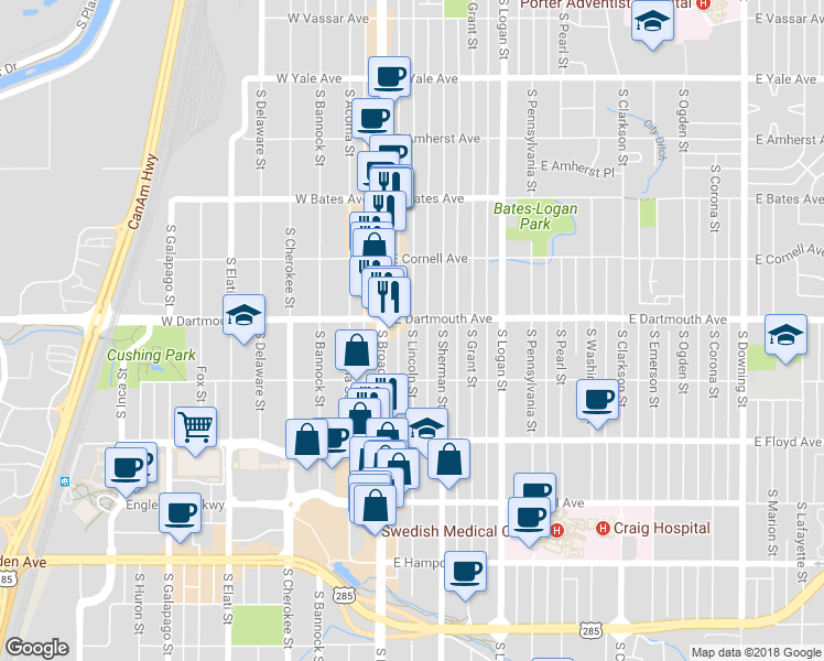 map of restaurants, bars, coffee shops, grocery stores, and more near 3111 South Lincoln Street in Englewood
