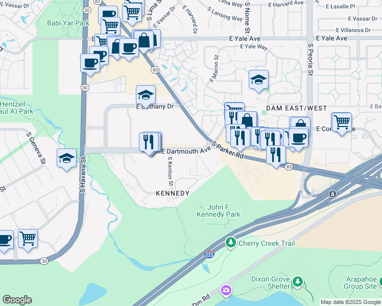 map of restaurants, bars, coffee shops, grocery stores, and more near 11148 East Dartmouth Avenue in Aurora