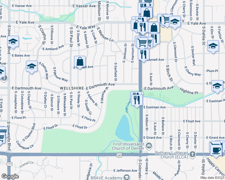 map of restaurants, bars, coffee shops, grocery stores, and more near 3660 East Dartmouth Avenue in Denver