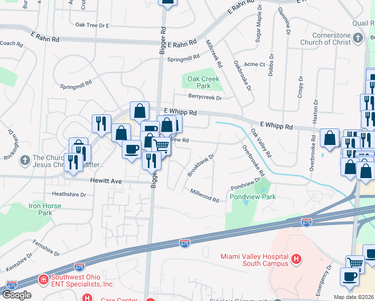 map of restaurants, bars, coffee shops, grocery stores, and more near 5625 Coach Drive East in Dayton