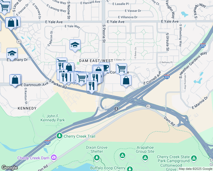 map of restaurants, bars, coffee shops, grocery stores, and more near 3120 South Peoria Street in Aurora