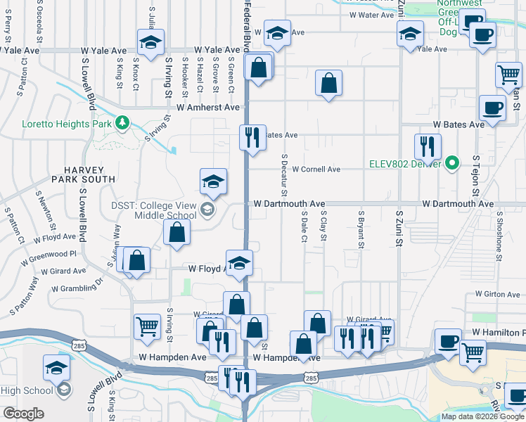 map of restaurants, bars, coffee shops, grocery stores, and more near 2890 West Dartmouth Avenue in Denver