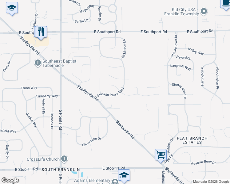 map of restaurants, bars, coffee shops, grocery stores, and more near 7408 Franklin Parke Boulevard in Indianapolis