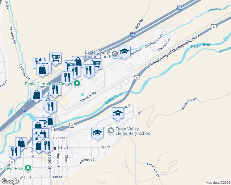 map of restaurants, bars, coffee shops, grocery stores, and more near 73 Chelsea Ct in Eagle