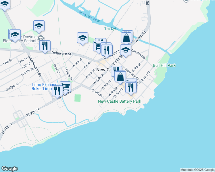 map of restaurants, bars, coffee shops, grocery stores, and more near 51 West 5th Street in New Castle