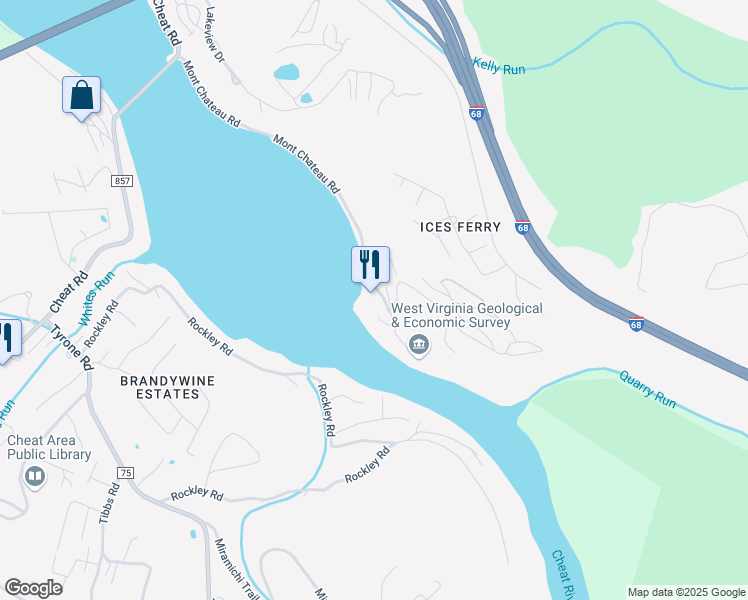 map of restaurants, bars, coffee shops, grocery stores, and more near 59 Mont Chateau Road in Morgantown