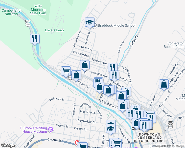 map of restaurants, bars, coffee shops, grocery stores, and more near 618 Columbia Avenue in Cumberland
