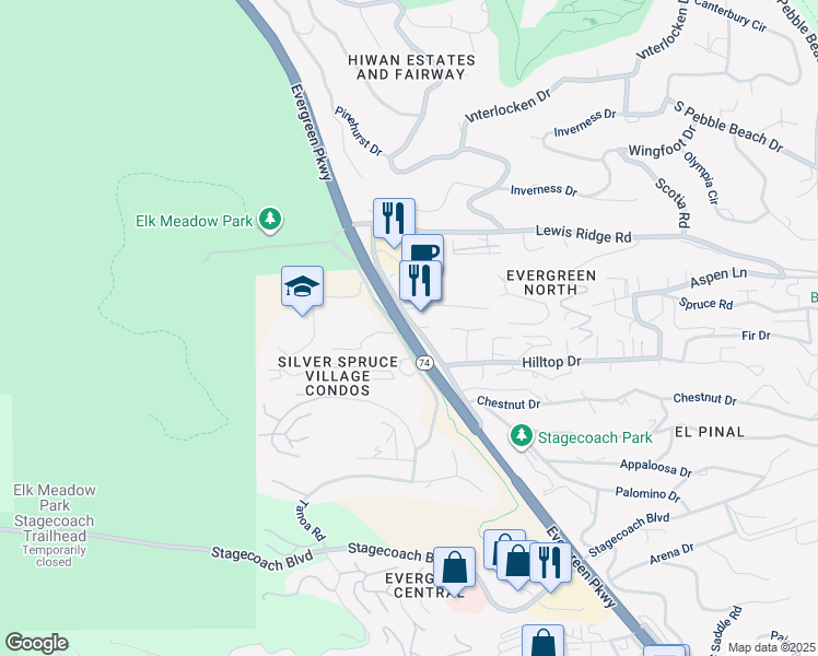 map of restaurants, bars, coffee shops, grocery stores, and more near 2982 Evergreen Parkway in Evergreen