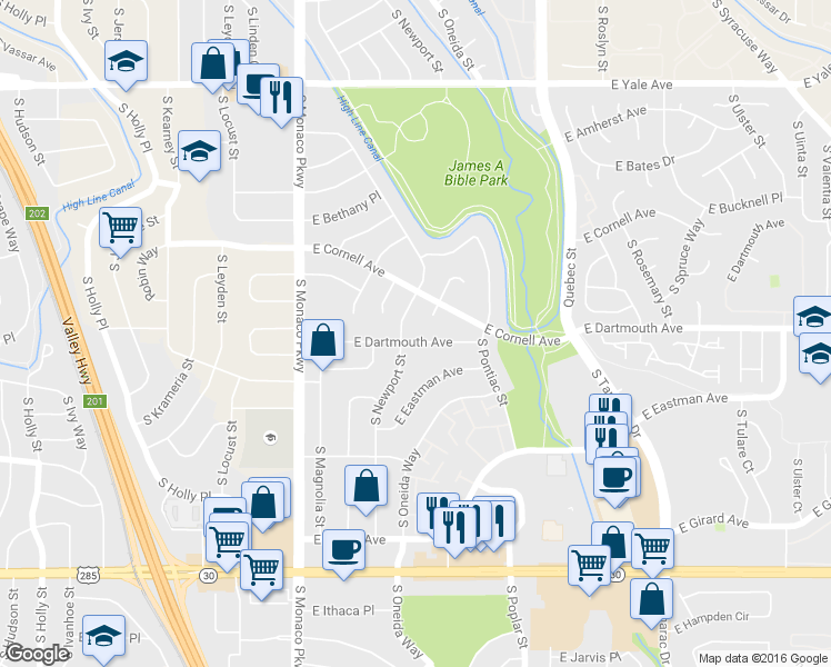 map of restaurants, bars, coffee shops, grocery stores, and more near 6847 East Dartmouth Avenue in Denver