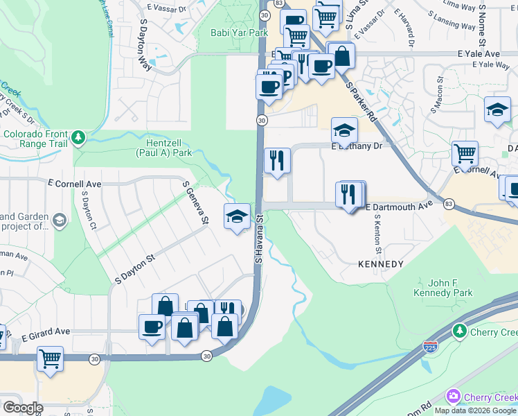 map of restaurants, bars, coffee shops, grocery stores, and more near S Havana St & E Dartmouth Ave in Denver