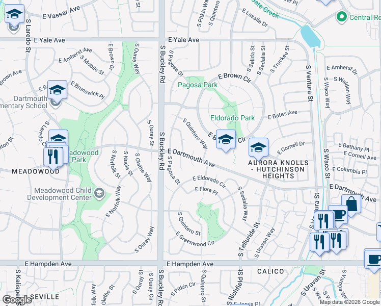 map of restaurants, bars, coffee shops, grocery stores, and more near 3099 S Quintero St in Aurora