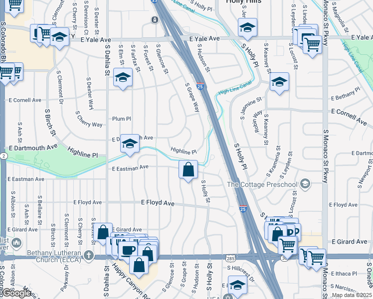 map of restaurants, bars, coffee shops, grocery stores, and more near 5301 Highline Place in Denver