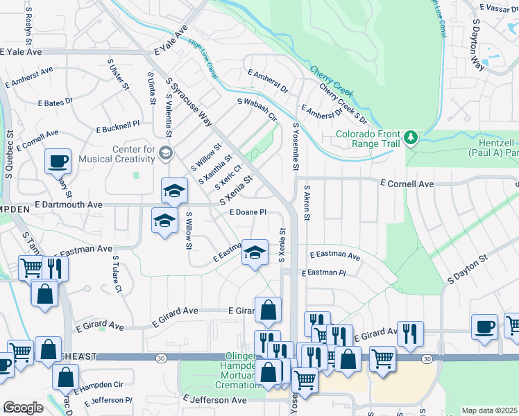 map of restaurants, bars, coffee shops, grocery stores, and more near 8693 East Doane Place in Denver