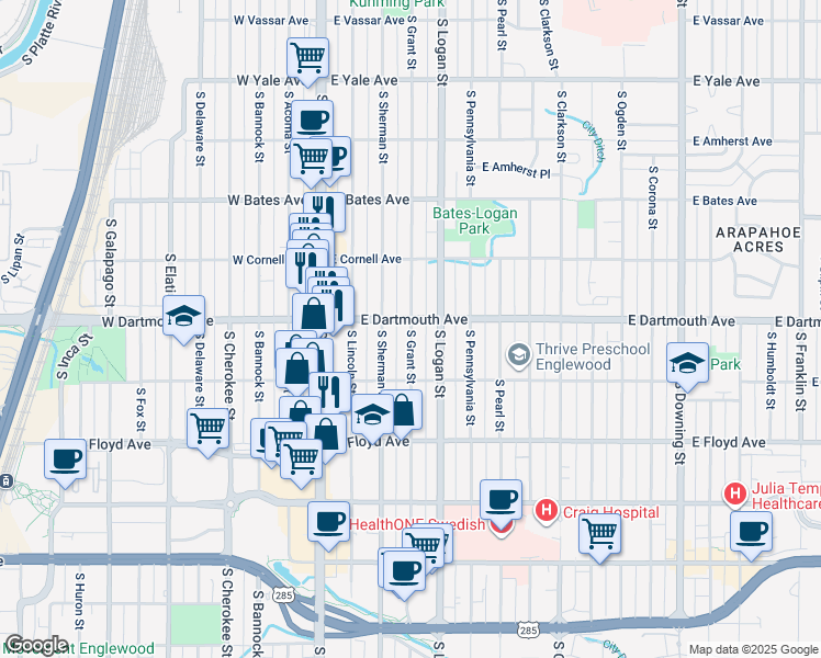 map of restaurants, bars, coffee shops, grocery stores, and more near 3121 South Logan Street in Englewood