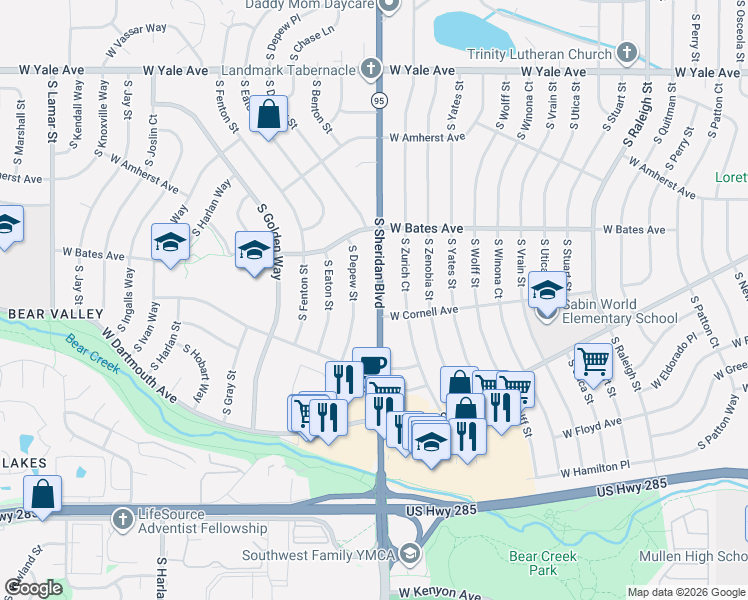 map of restaurants, bars, coffee shops, grocery stores, and more near 2972 South Depew Street in Denver