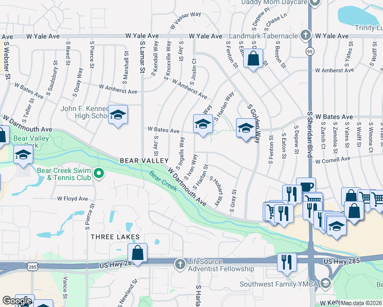 map of restaurants, bars, coffee shops, grocery stores, and more near 3023 South Ivan Way in Denver