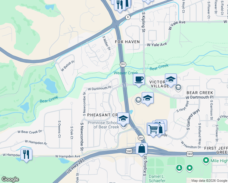 map of restaurants, bars, coffee shops, grocery stores, and more near 10260 West Dartmouth Avenue in Lakewood