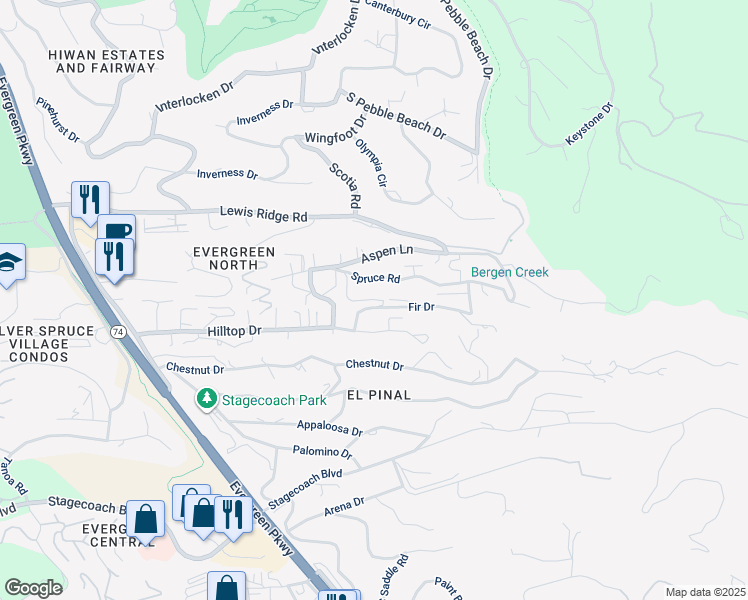 map of restaurants, bars, coffee shops, grocery stores, and more near in Evergreen