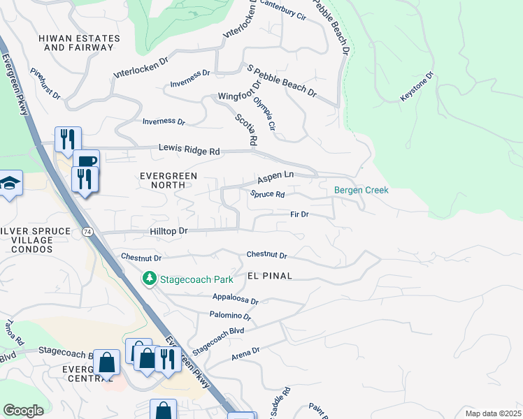 map of restaurants, bars, coffee shops, grocery stores, and more near 3017 South Oxbow Road in Evergreen