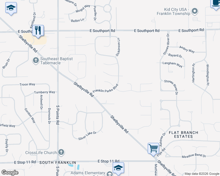 map of restaurants, bars, coffee shops, grocery stores, and more near 7408 Franklin Parke Boulevard in Indianapolis