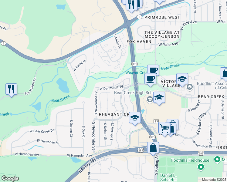 map of restaurants, bars, coffee shops, grocery stores, and more near 10741 West Dartmouth Avenue in Lakewood