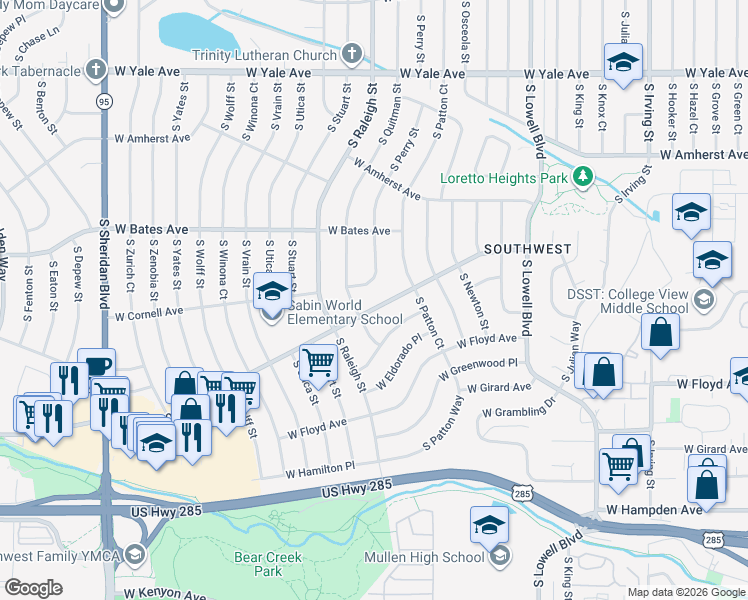 map of restaurants, bars, coffee shops, grocery stores, and more near 4055 West Dartmouth Avenue in Denver