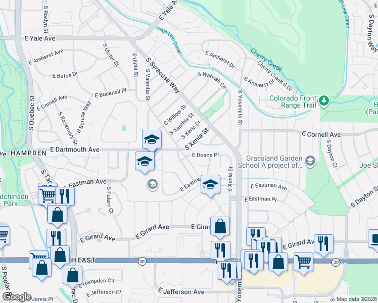 map of restaurants, bars, coffee shops, grocery stores, and more near 8663 East Doane Place in Denver