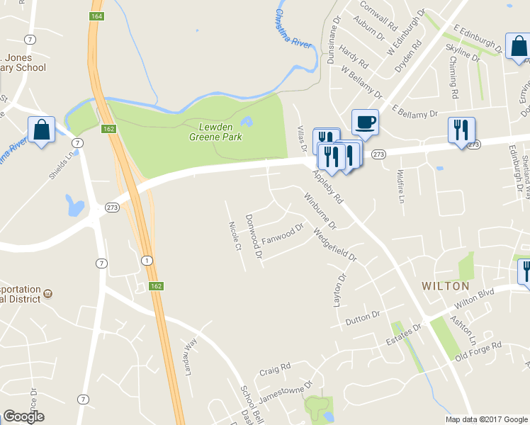 map of restaurants, bars, coffee shops, grocery stores, and more near 5 Donwood Drive in New Castle