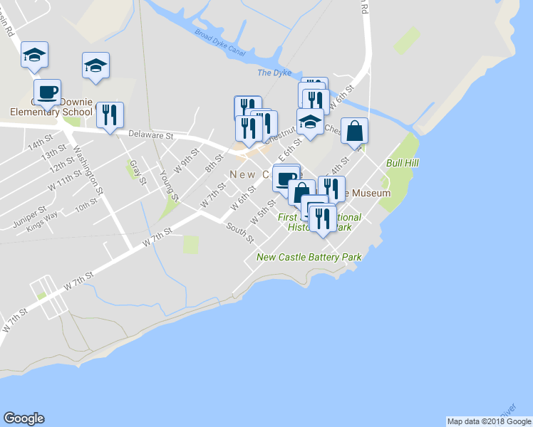 map of restaurants, bars, coffee shops, grocery stores, and more near 51 West 5th Street in New Castle