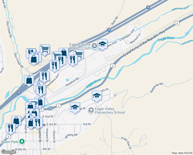 map of restaurants, bars, coffee shops, grocery stores, and more near 73 Chelsea Court in Eagle