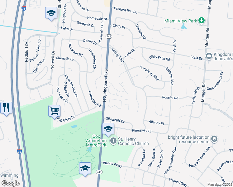 map of restaurants, bars, coffee shops, grocery stores, and more near 2908 Knoll Ridge Drive in Dayton