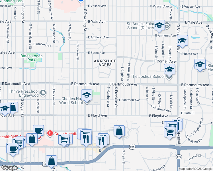 map of restaurants, bars, coffee shops, grocery stores, and more near 1492 East Dartmouth Avenue in Englewood