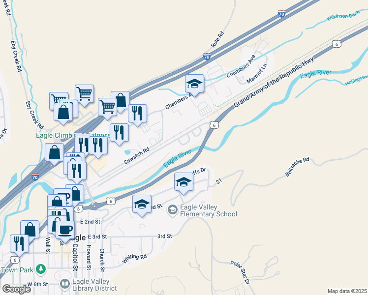 map of restaurants, bars, coffee shops, grocery stores, and more near 48 Chelsea Court in Eagle