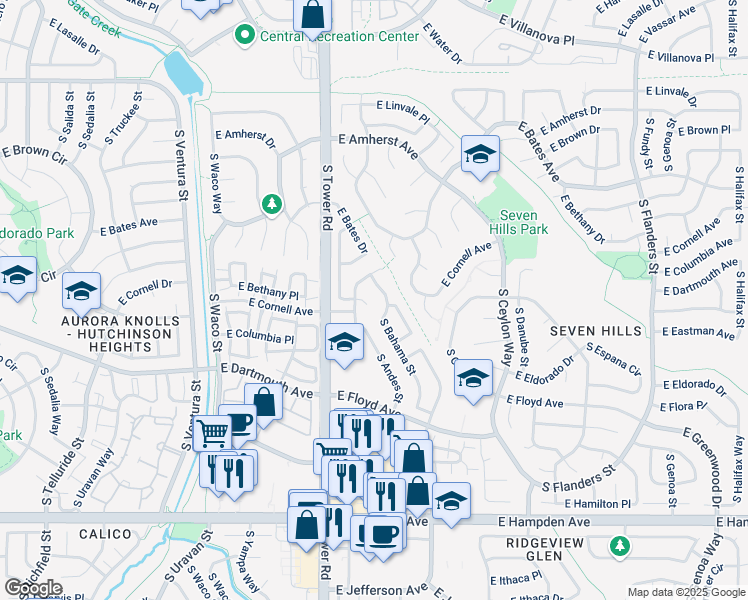 map of restaurants, bars, coffee shops, grocery stores, and more near 18642 East Columbia Place in Aurora