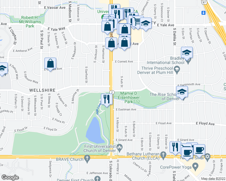 map of restaurants, bars, coffee shops, grocery stores, and more near S Colorado Blvd & E Dartmouth Ave in Denver