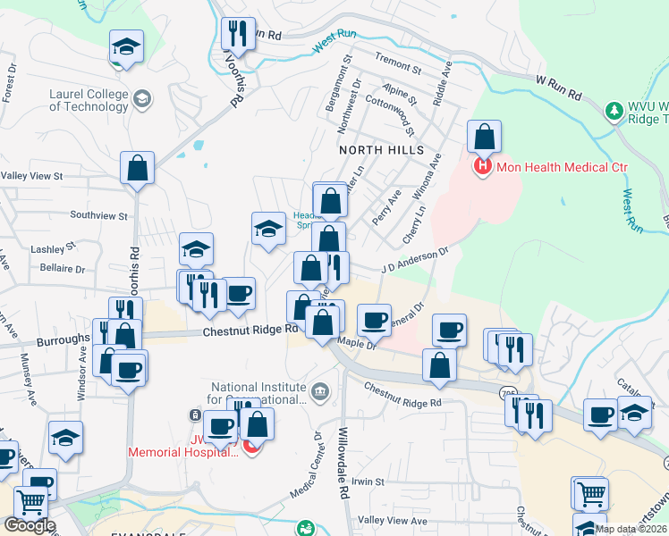 map of restaurants, bars, coffee shops, grocery stores, and more near Pineview Drive in Morgantown