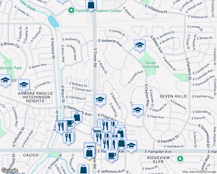 map of restaurants, bars, coffee shops, grocery stores, and more near 18642 East Columbia Place in Aurora