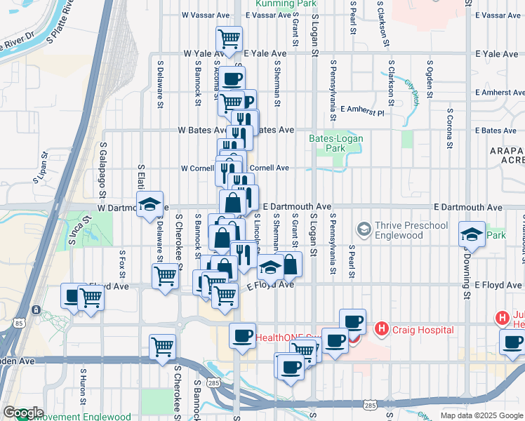 map of restaurants, bars, coffee shops, grocery stores, and more near 3111 South Lincoln Street in Englewood